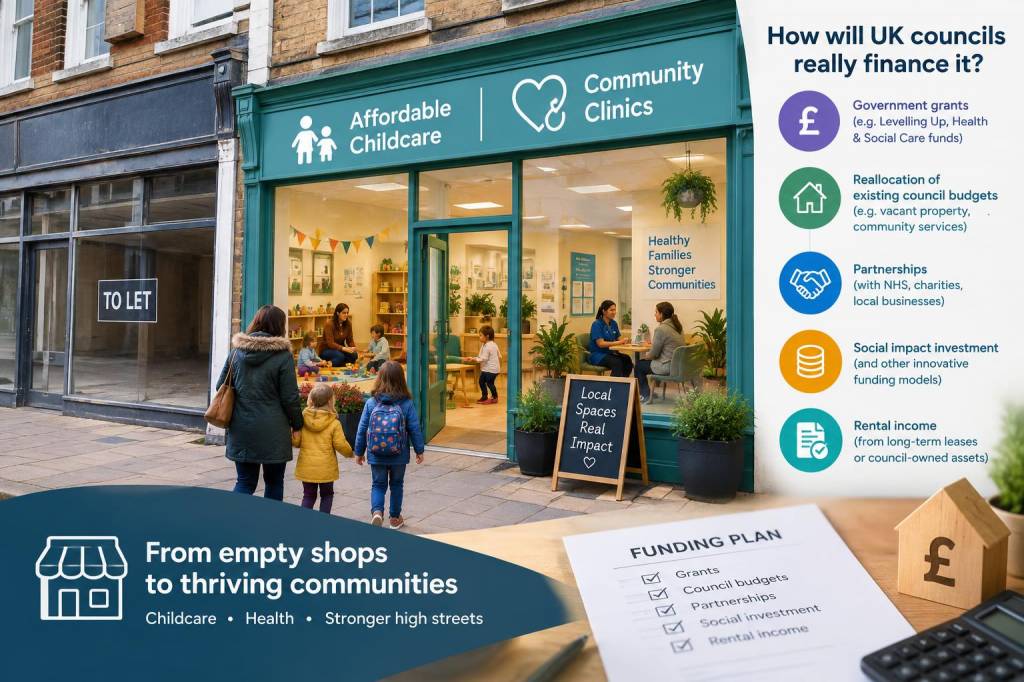 how will uk councils really finance converting empty high-street shops into affordable childcare and community clinics