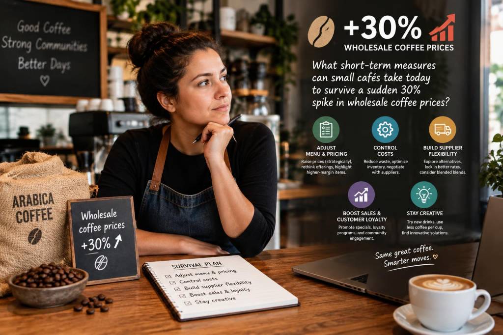 what short-term measures can small cafés take today to survive a sudden 30% spike in wholesale coffee prices